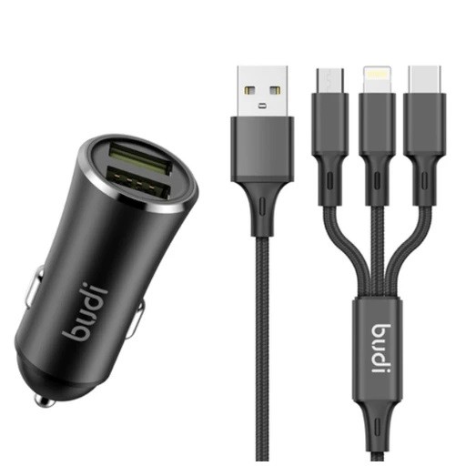 شارژر فندکی بودی مدل Budi CC627T3B با 2 خروجی USB توان 12 وات به همراه کابل USB-C